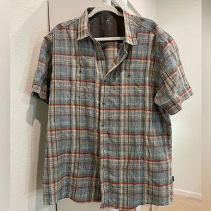 Kuhl Plaid Button Up Short Sleeve Shirt Cotton/Linen XL Tan Blue Rust Skorpio